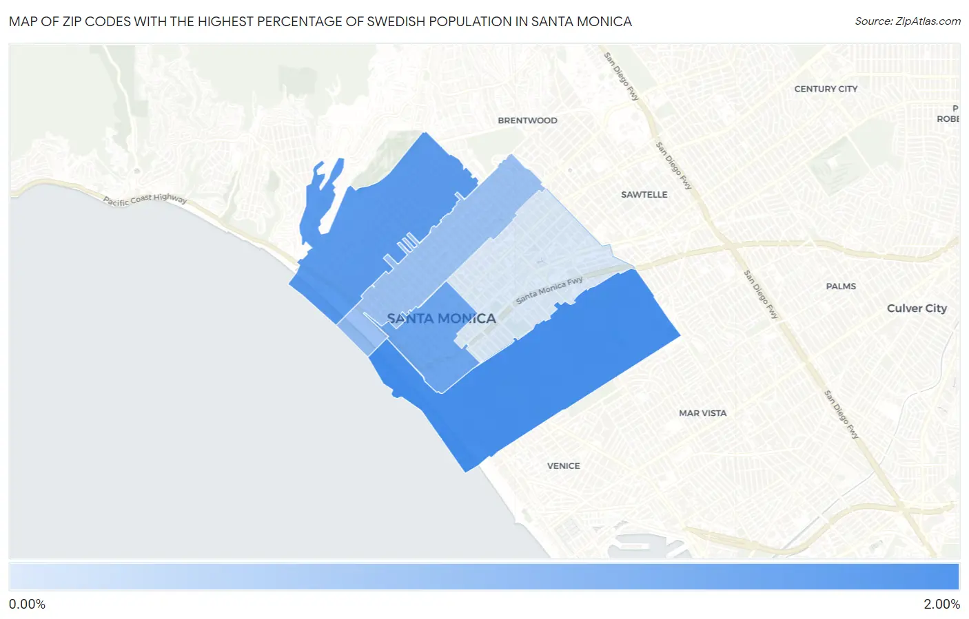 Zip Codes with the Highest Percentage of Swedish Population in Santa Monica Map