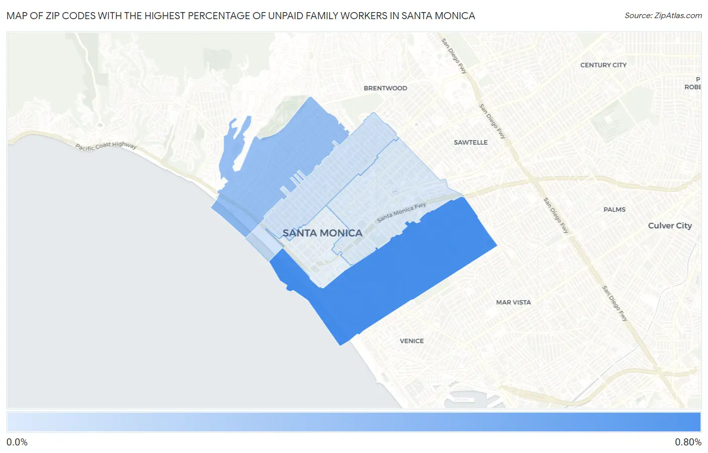 Zip Codes with the Highest Percentage of Unpaid Family Workers in Santa Monica Map
