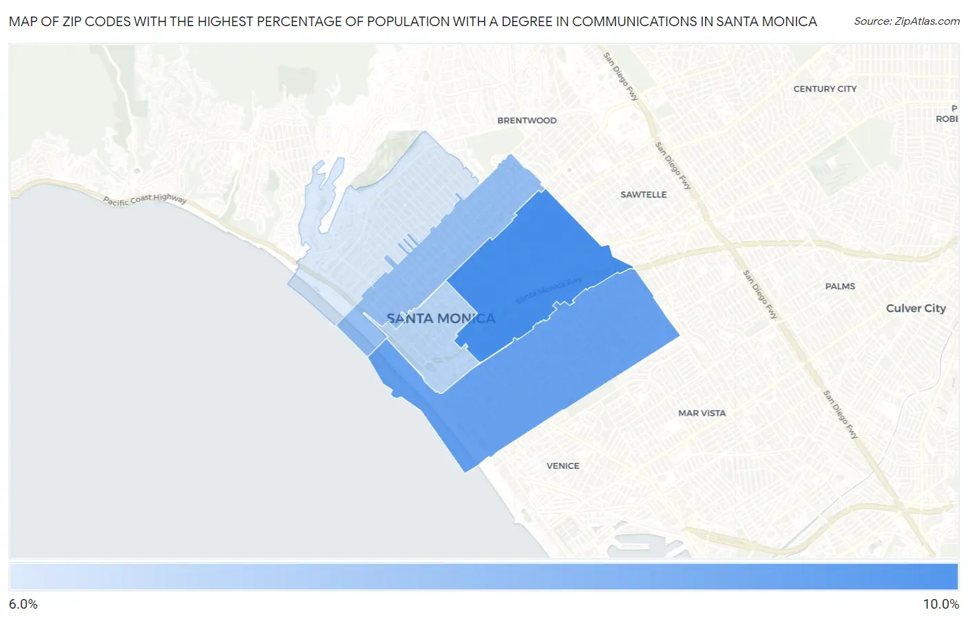 Zip Codes with the Highest Percentage of Population with a Degree in Communications in Santa Monica Map