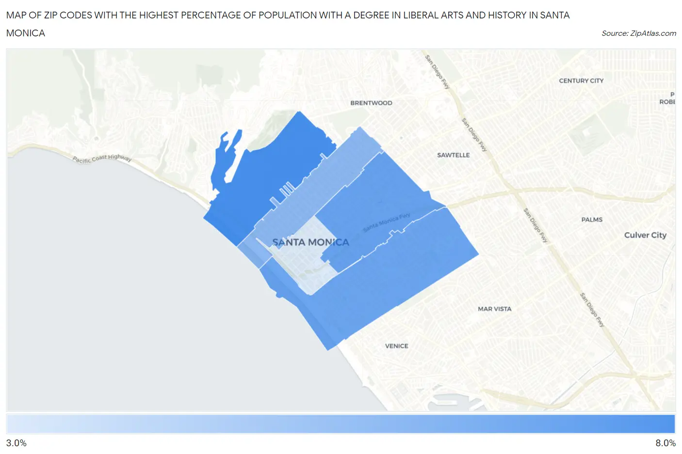 Zip Codes with the Highest Percentage of Population with a Degree in Liberal Arts and History in Santa Monica Map