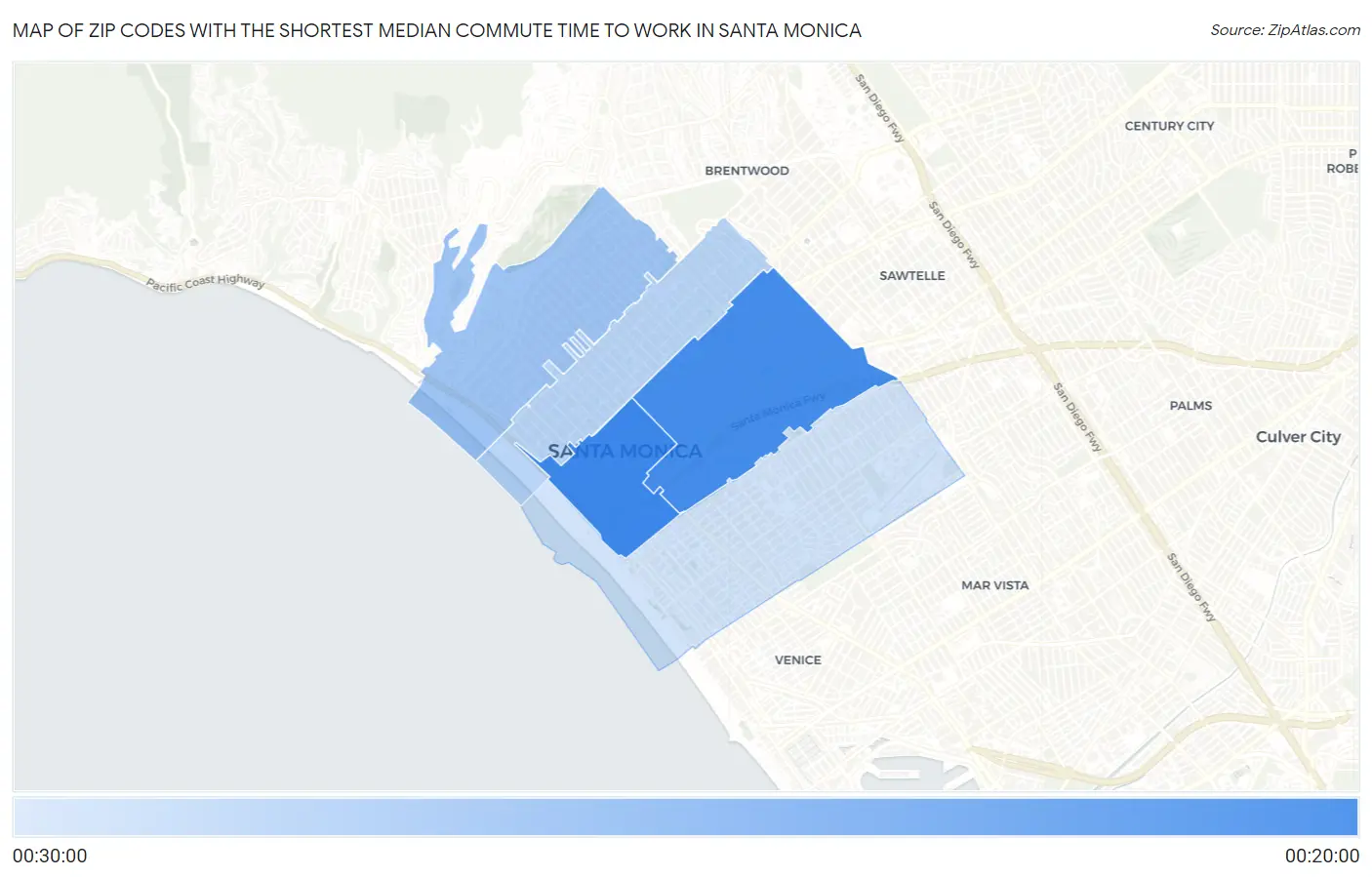 Zip Codes with the Shortest Median Commute Time to Work in Santa Monica Map