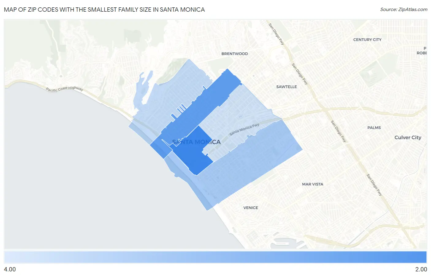Zip Codes with the Smallest Family Size in Santa Monica Map
