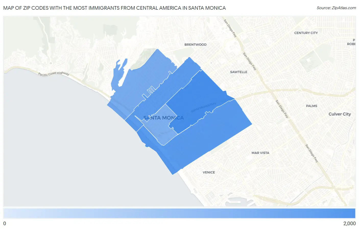 Zip Codes with the Most Immigrants from Central America in Santa Monica Map