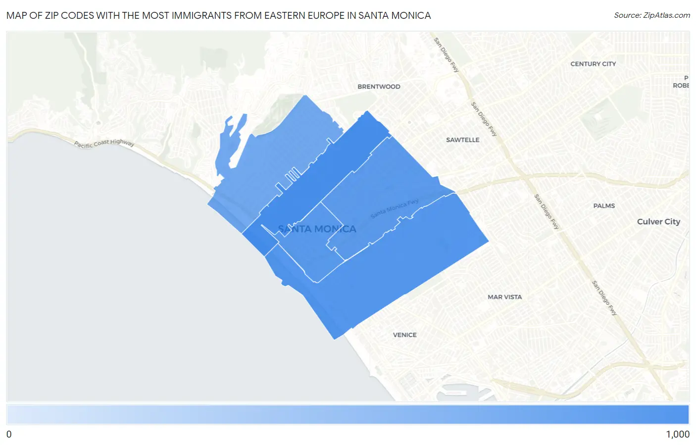 Zip Codes with the Most Immigrants from Eastern Europe in Santa Monica Map