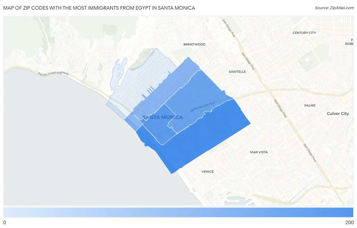 Zip Codes with the Most Immigrants from Egypt in Santa Monica Map