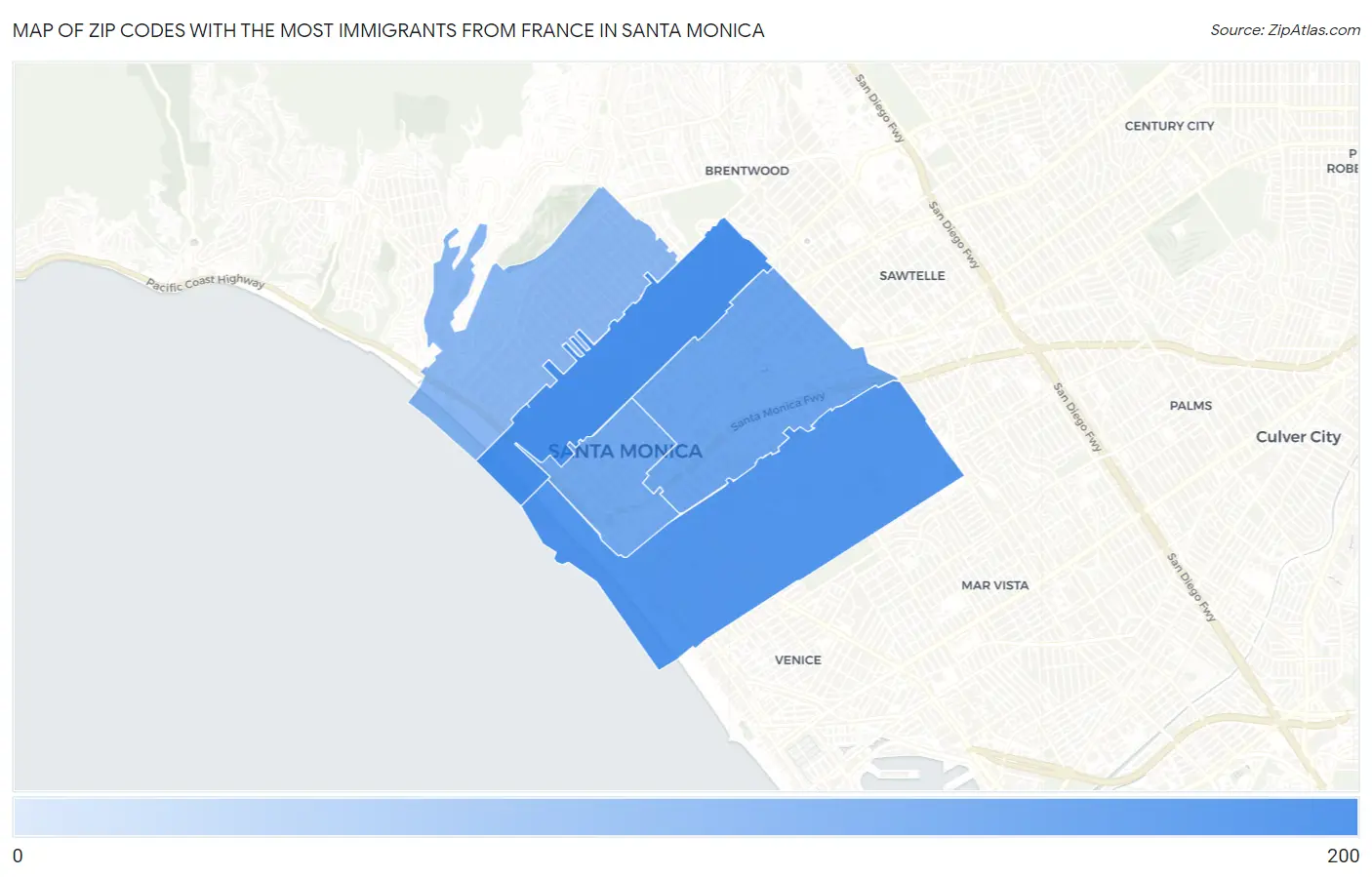 Zip Codes with the Most Immigrants from France in Santa Monica Map
