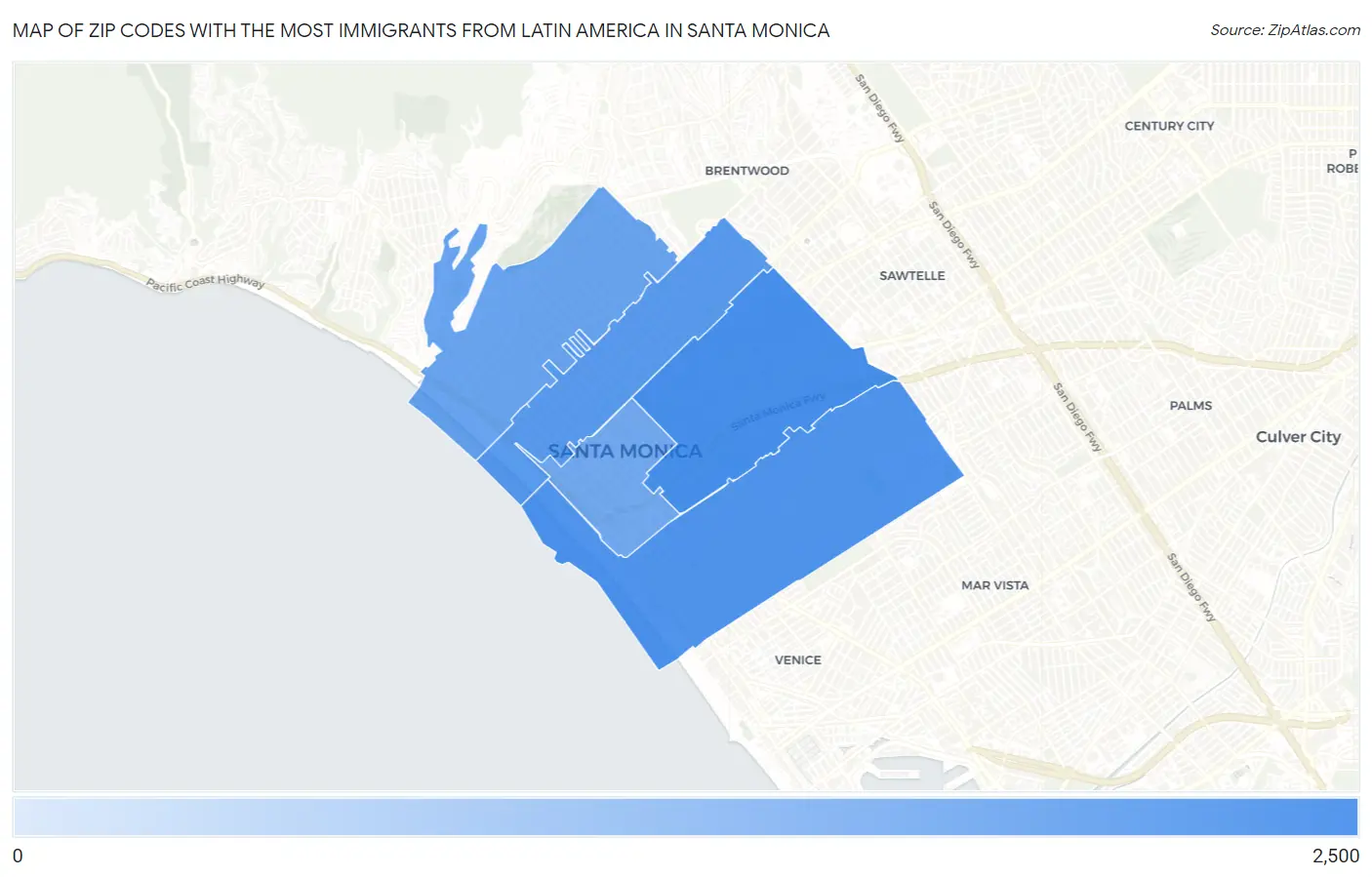 Zip Codes with the Most Immigrants from Latin America in Santa Monica Map