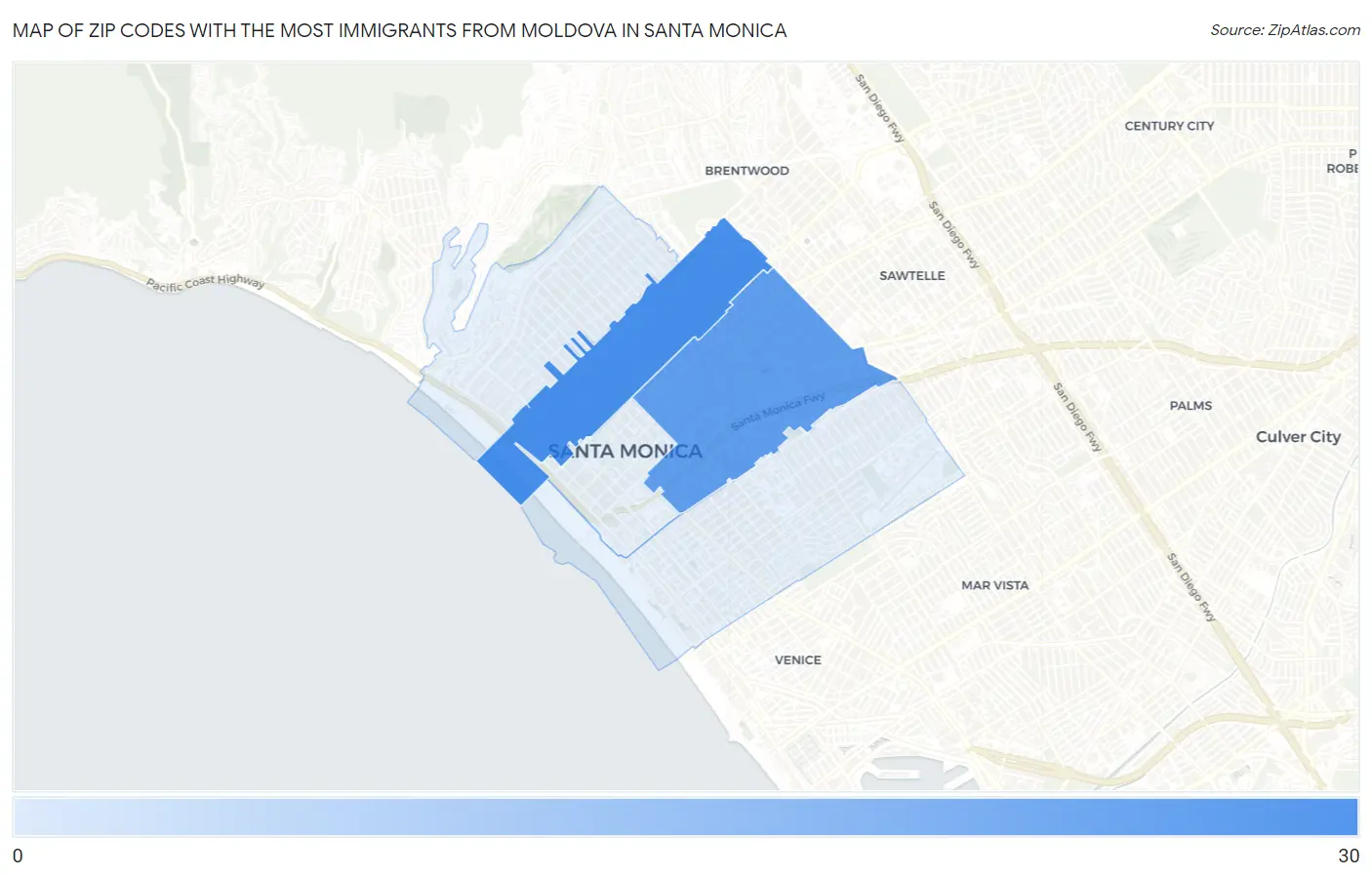 Zip Codes with the Most Immigrants from Moldova in Santa Monica Map