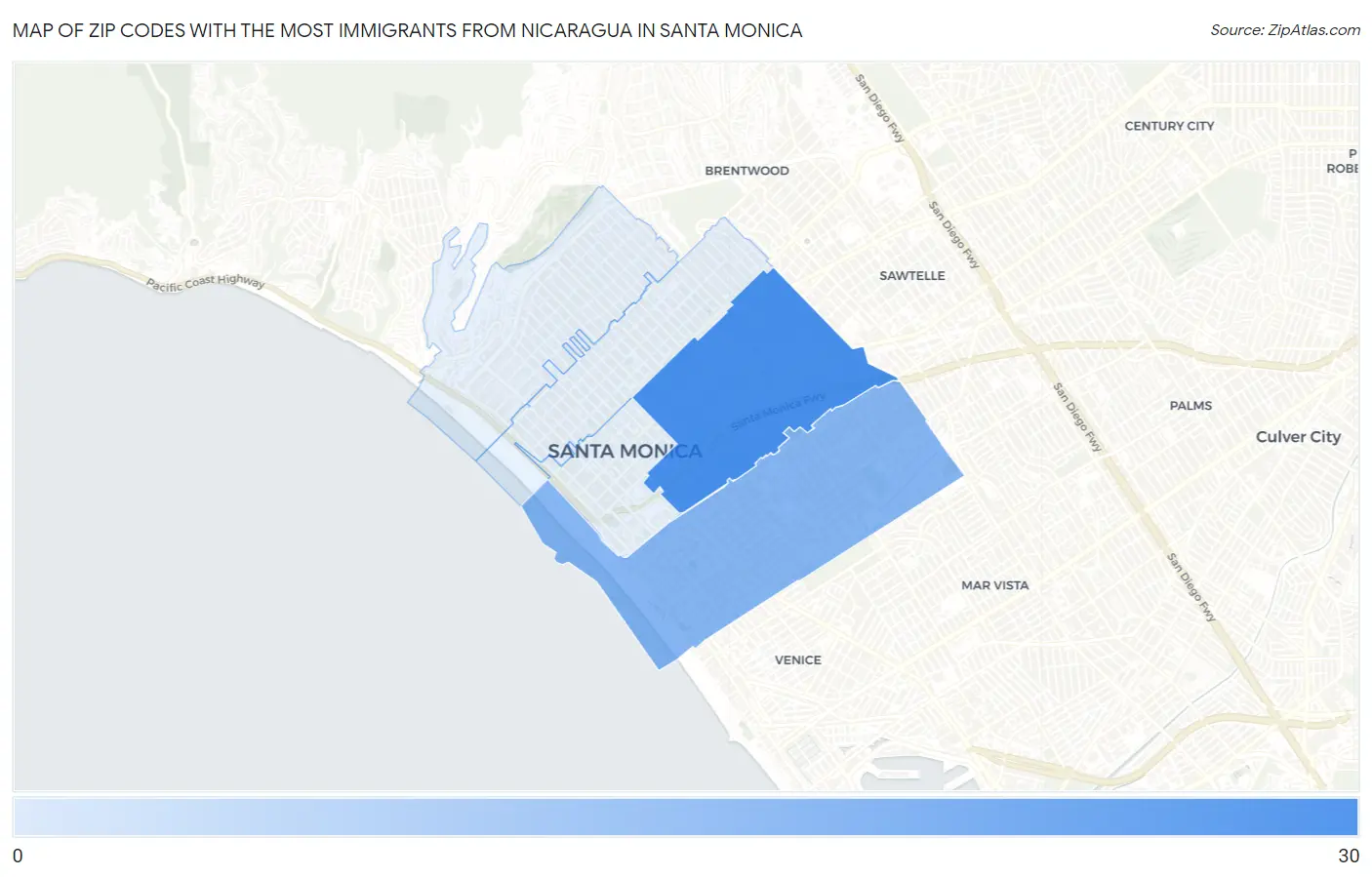 Zip Codes with the Most Immigrants from Nicaragua in Santa Monica Map