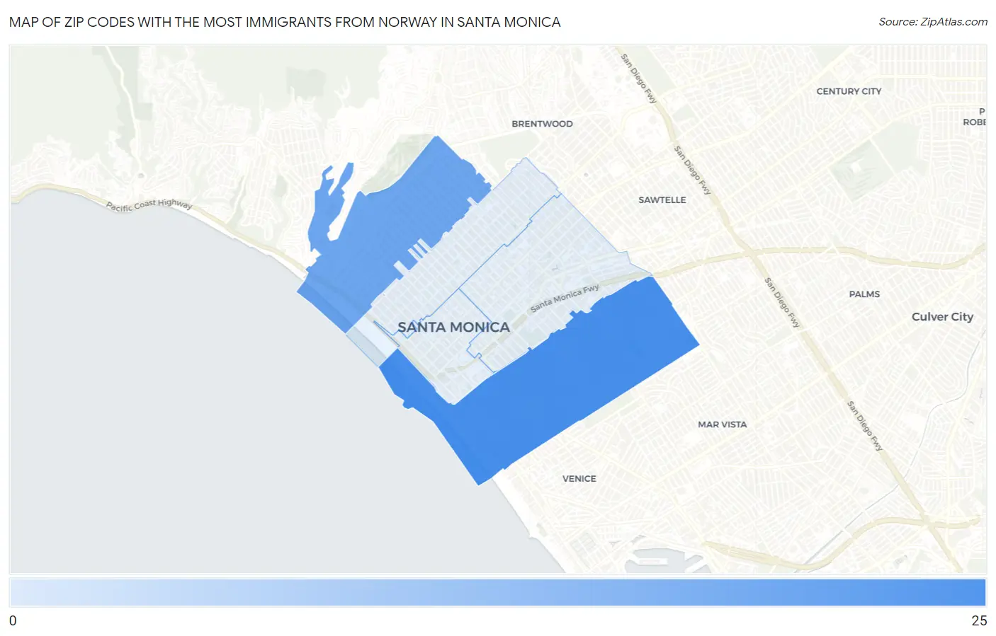 Zip Codes with the Most Immigrants from Norway in Santa Monica Map