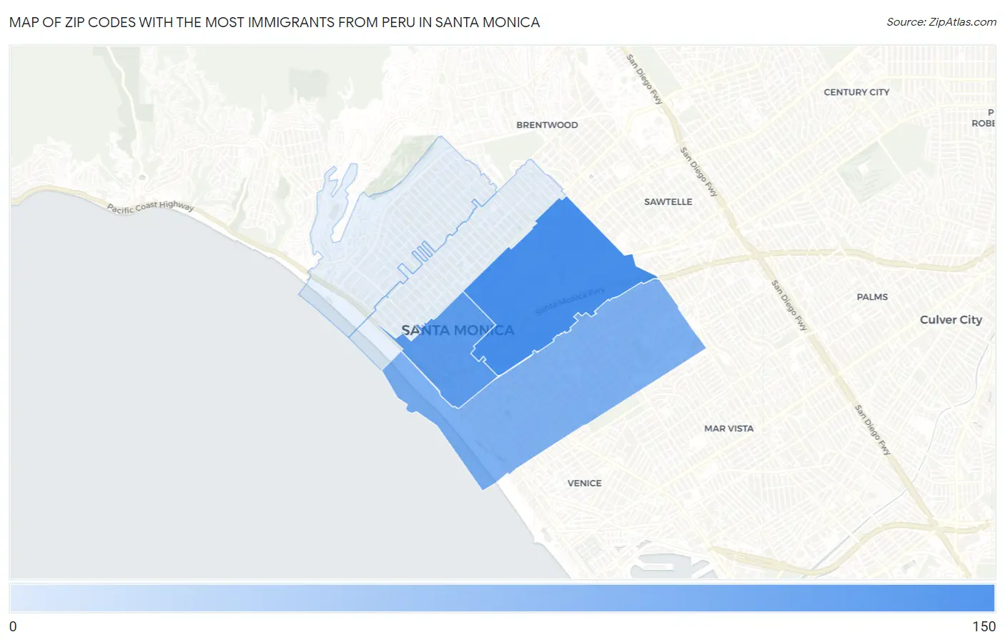 Zip Codes with the Most Immigrants from Peru in Santa Monica Map
