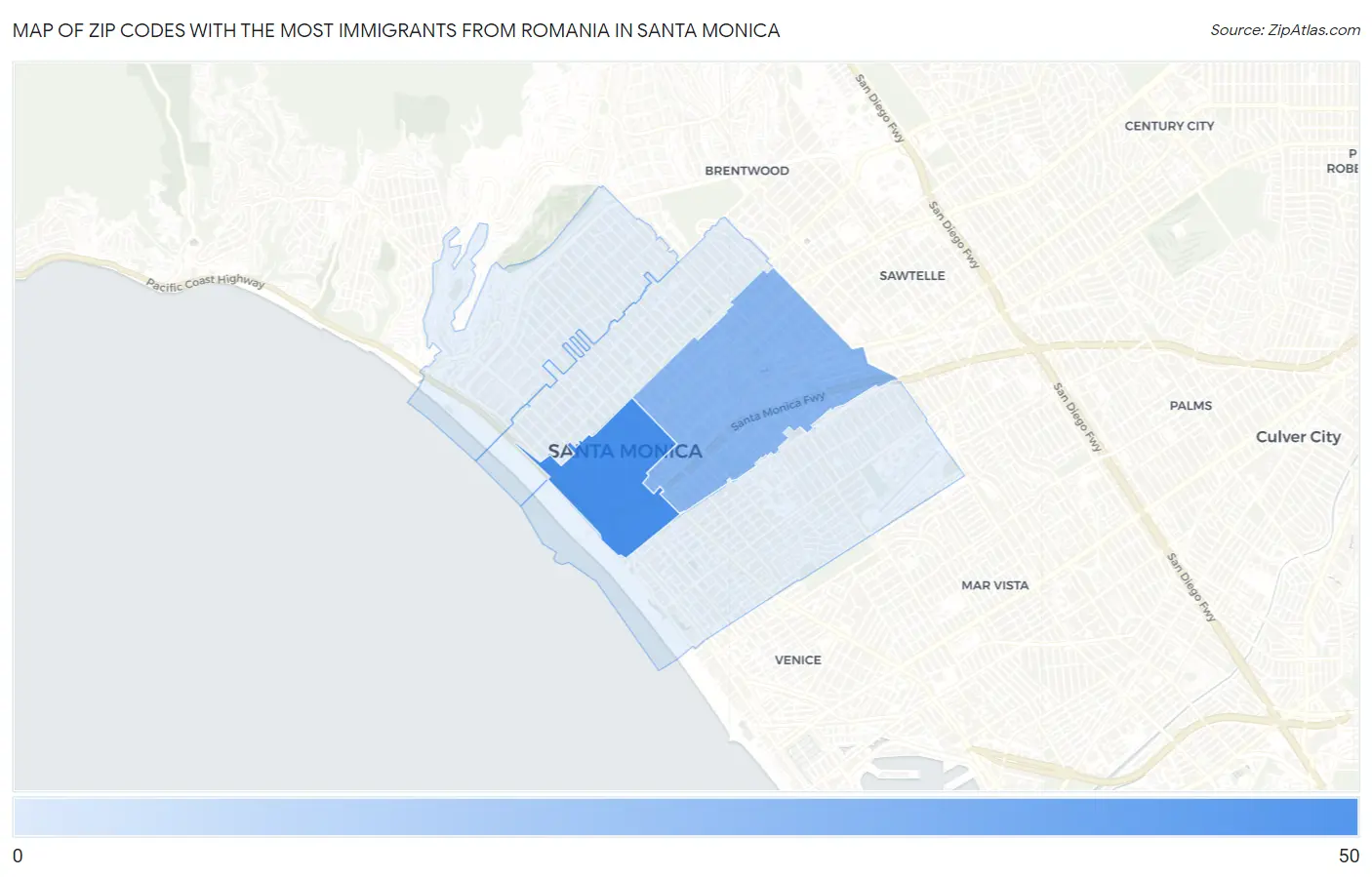 Zip Codes with the Most Immigrants from Romania in Santa Monica Map