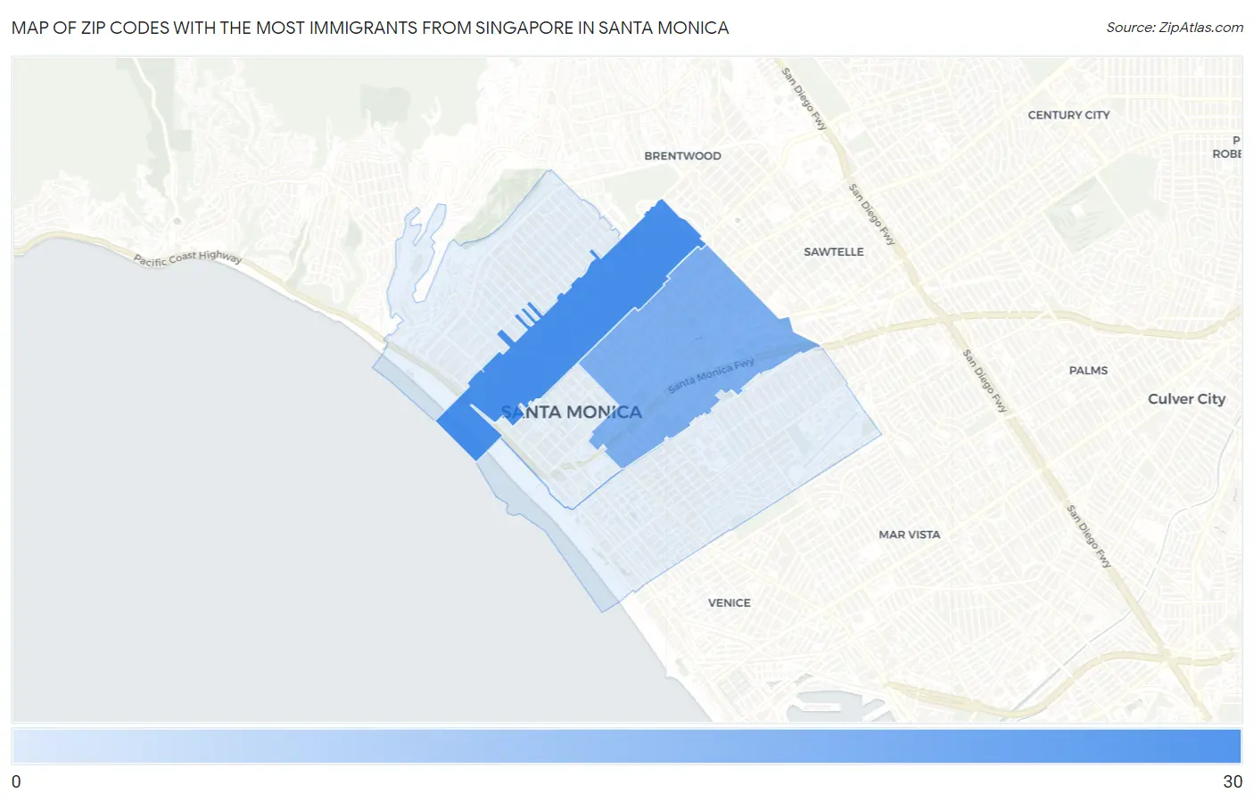 Zip Codes with the Most Immigrants from Singapore in Santa Monica Map