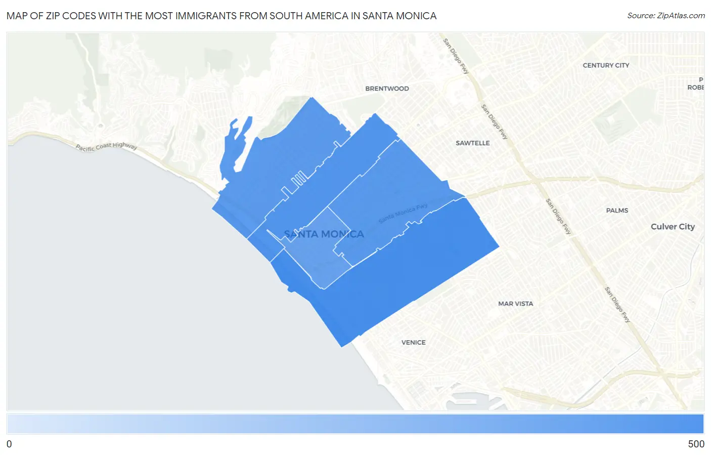 Zip Codes with the Most Immigrants from South America in Santa Monica Map
