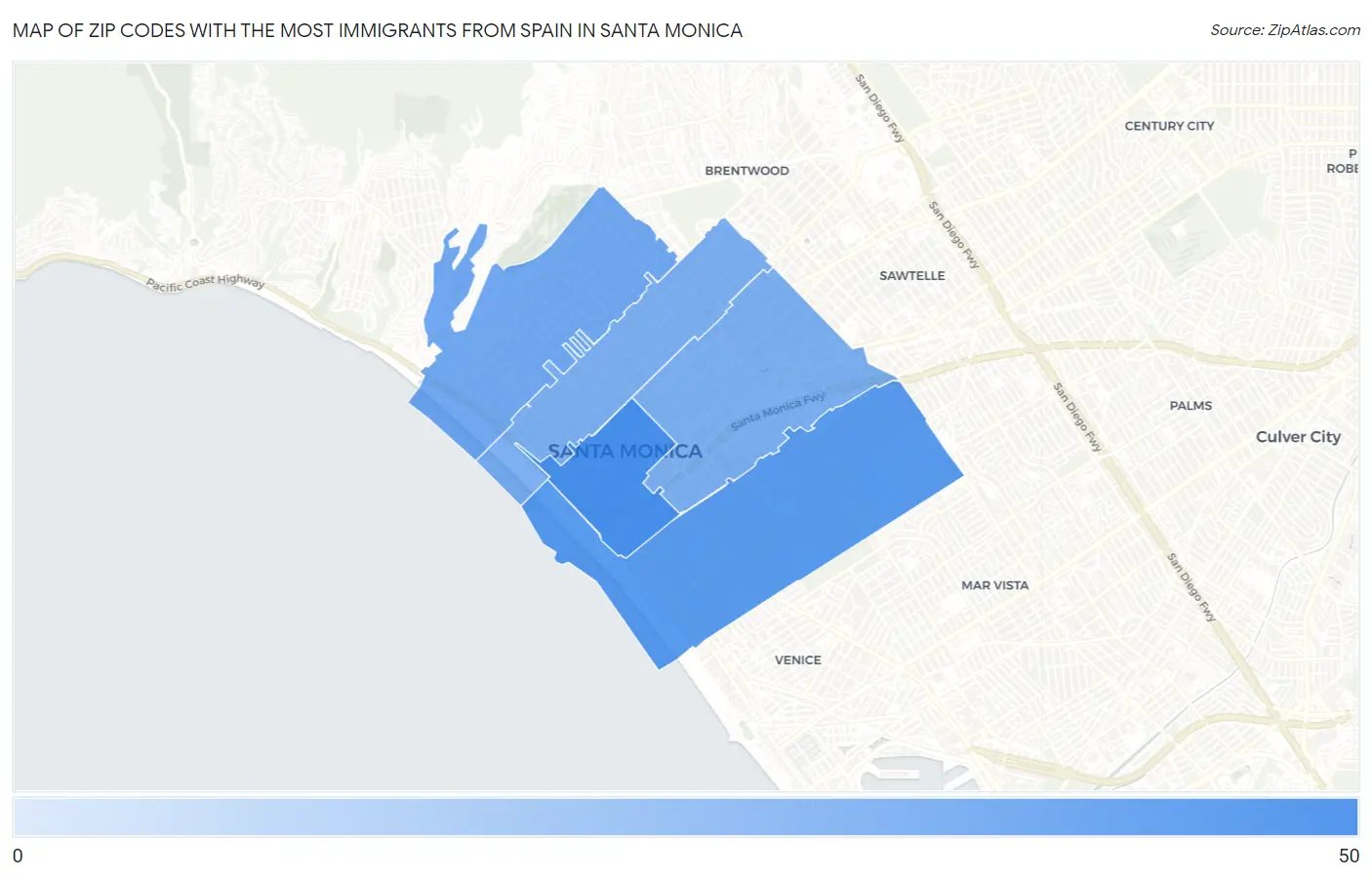 Zip Codes with the Most Immigrants from Spain in Santa Monica Map