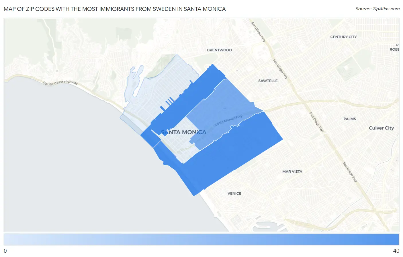 Zip Codes with the Most Immigrants from Sweden in Santa Monica Map