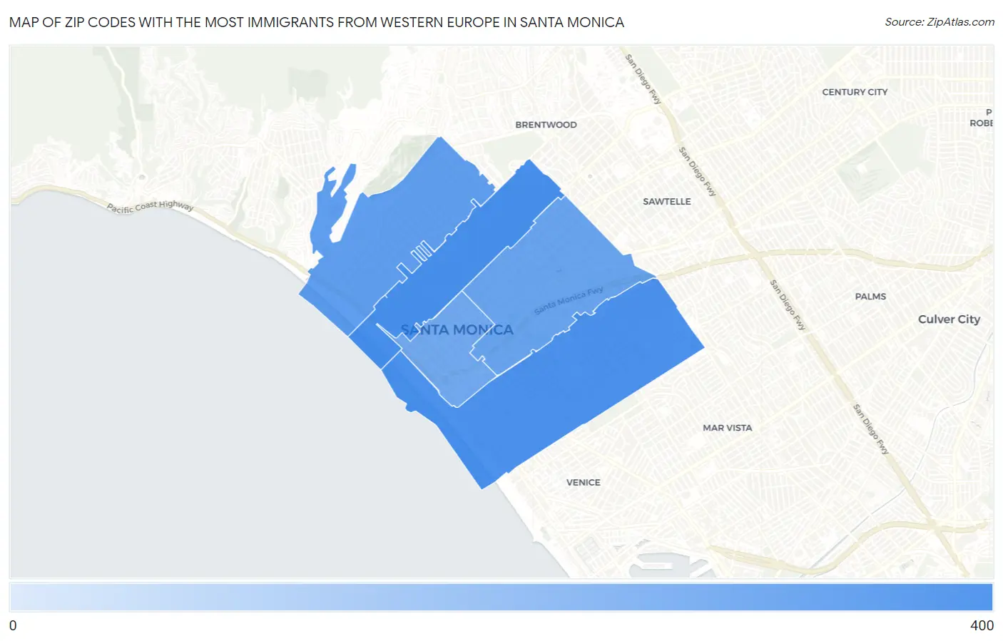 Zip Codes with the Most Immigrants from Western Europe in Santa Monica Map