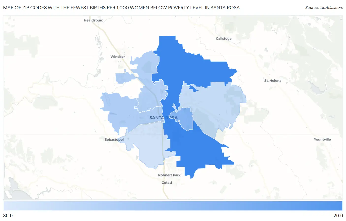 Zip Codes with the Fewest Births per 1,000 Women Below Poverty Level in Santa Rosa Map