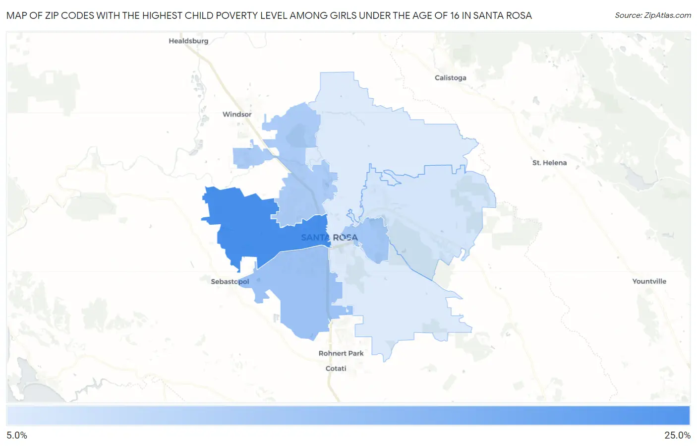 Zip Codes with the Highest Child Poverty Level Among Girls Under the Age of 16 in Santa Rosa Map