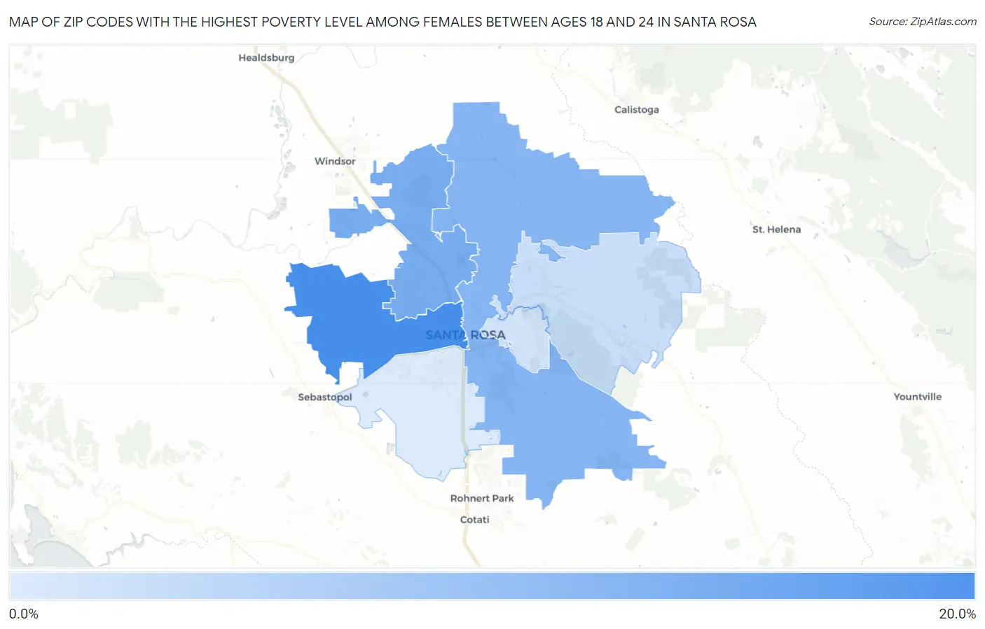 Zip Codes with the Highest Poverty Level Among Females Between Ages 18 and 24 in Santa Rosa Map