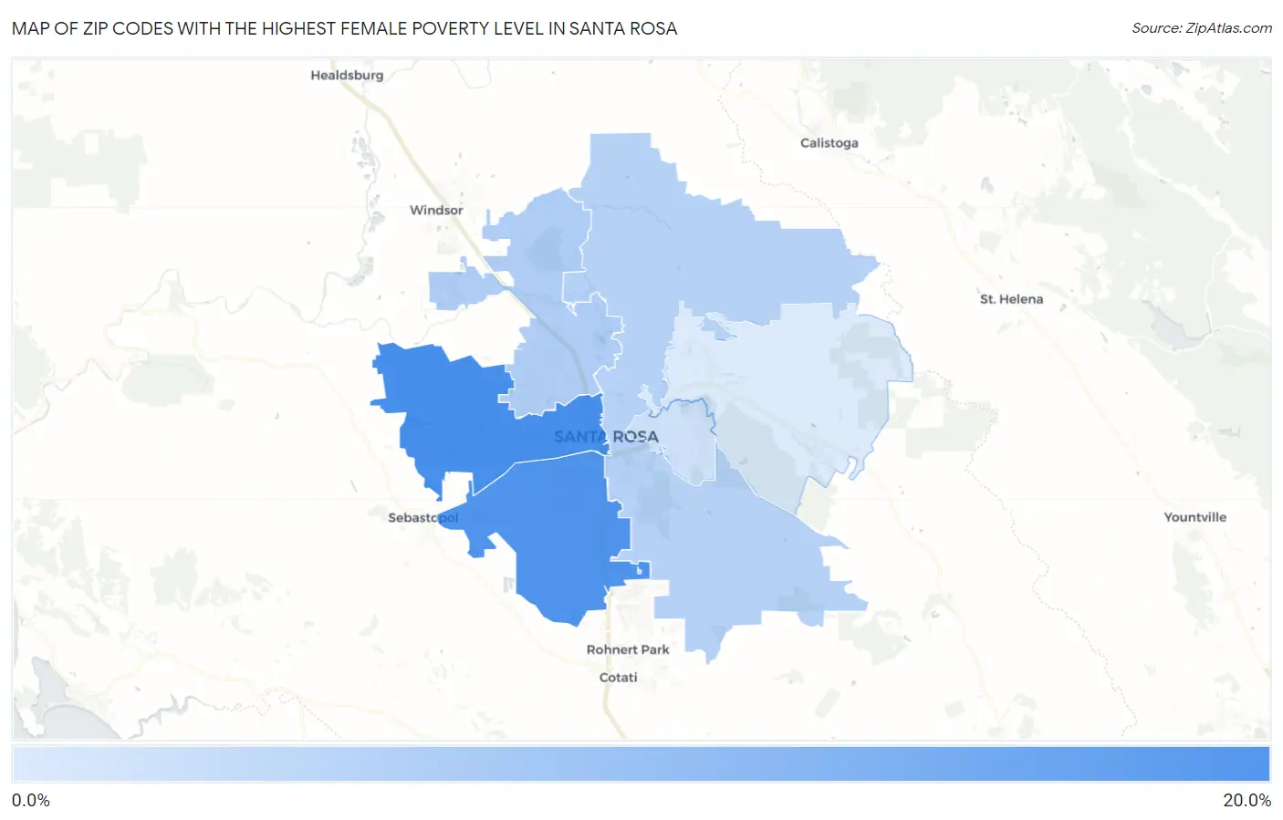 Zip Codes with the Highest Female Poverty Level in Santa Rosa Map