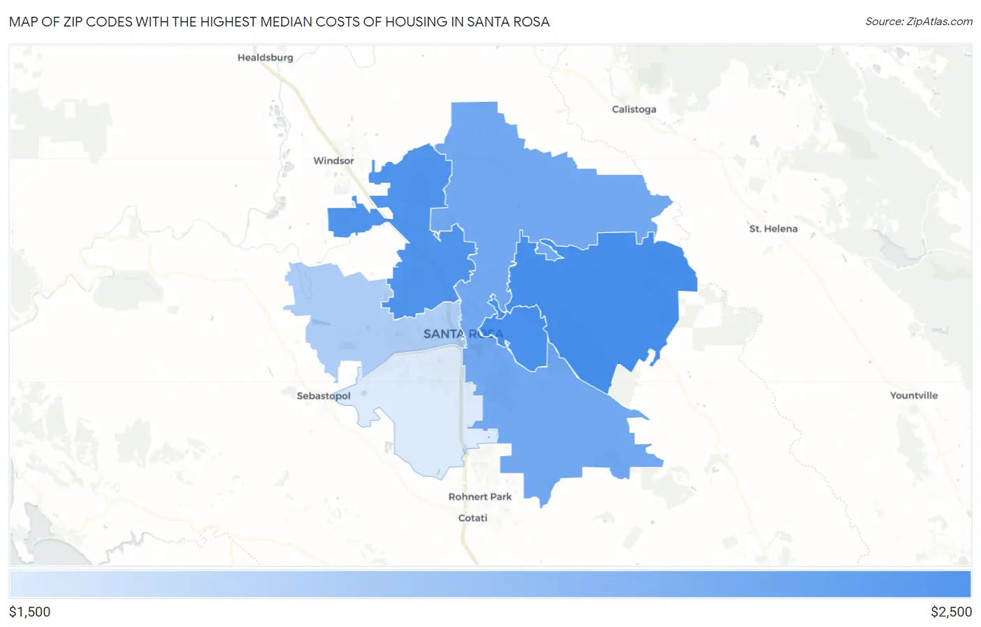Zip Codes with the Highest Median Costs of Housing in Santa Rosa Map