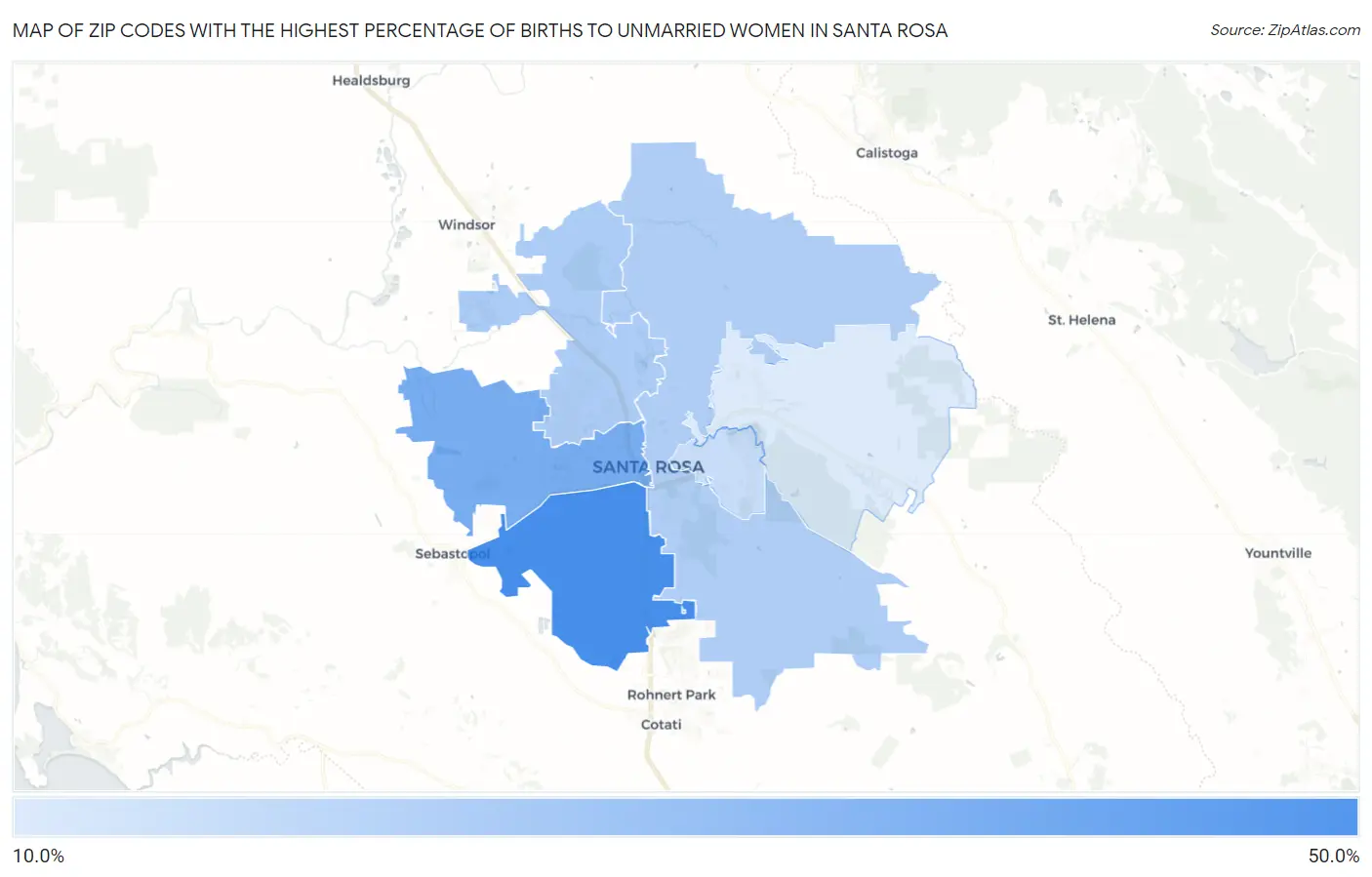 Zip Codes with the Highest Percentage of Births to Unmarried Women in Santa Rosa Map
