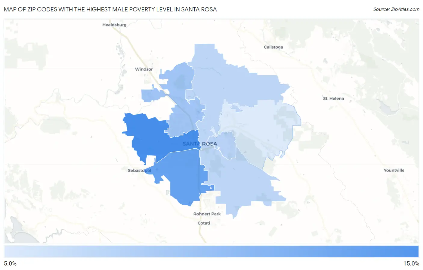 Zip Codes with the Highest Male Poverty Level in Santa Rosa Map