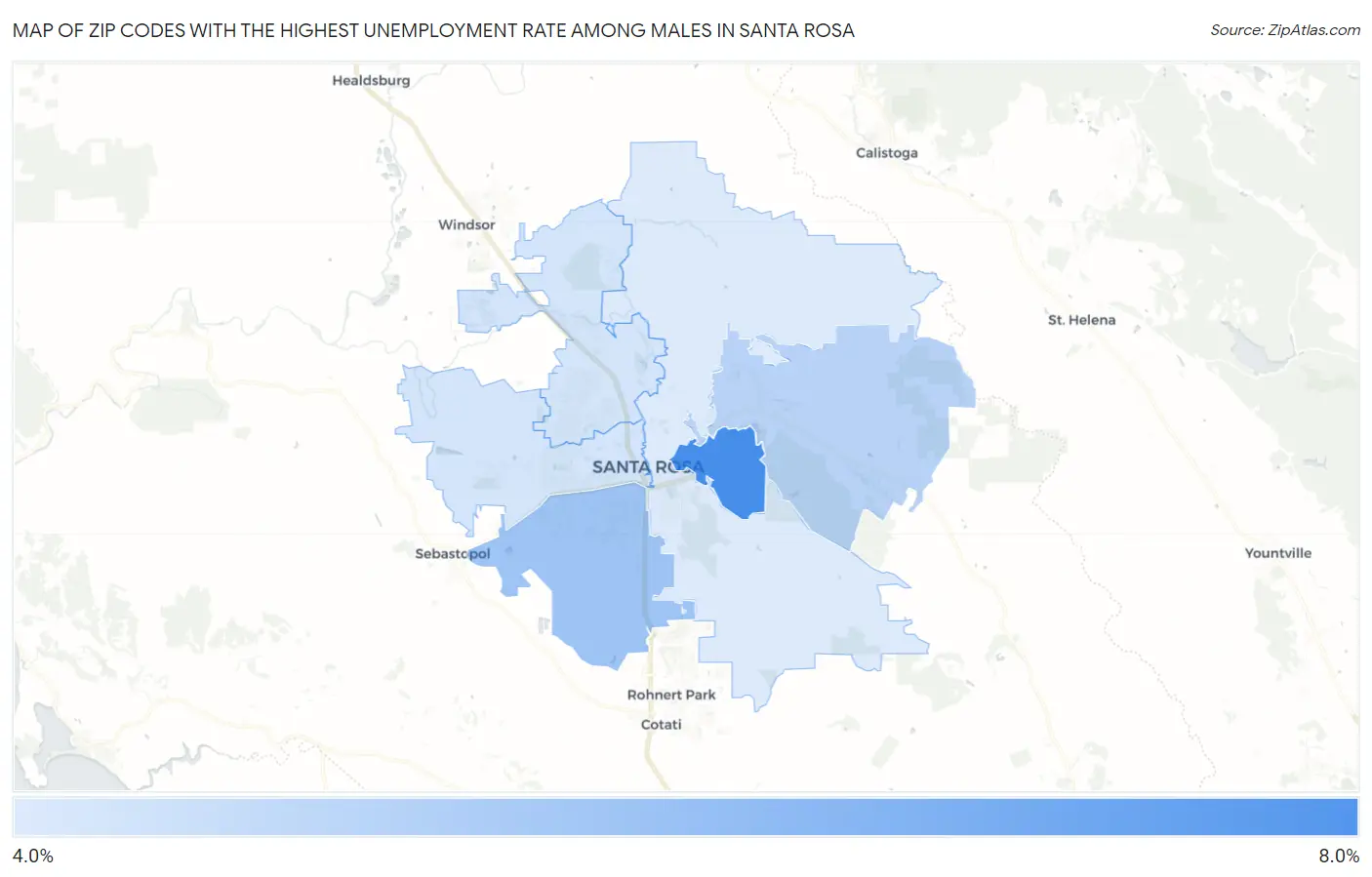 Zip Codes with the Highest Unemployment Rate Among Males in Santa Rosa Map