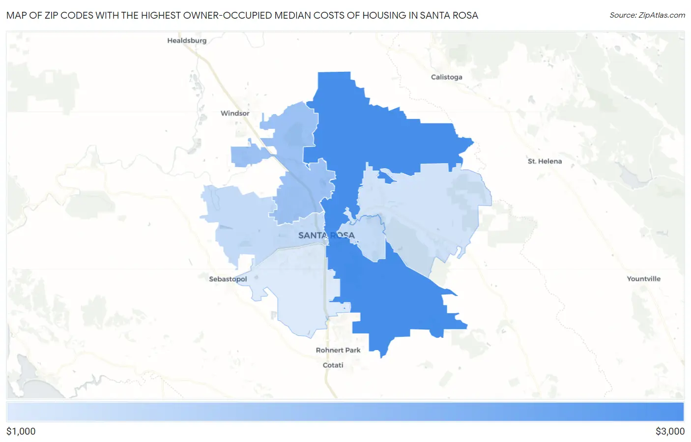 Zip Codes with the Highest Owner-Occupied Median Costs of Housing in Santa Rosa Map