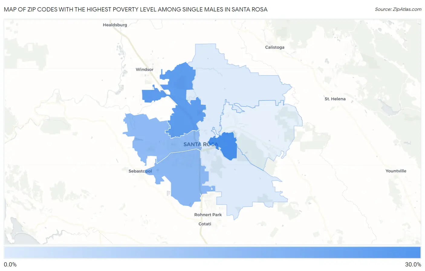 Zip Codes with the Highest Poverty Level Among Single Males in Santa Rosa Map