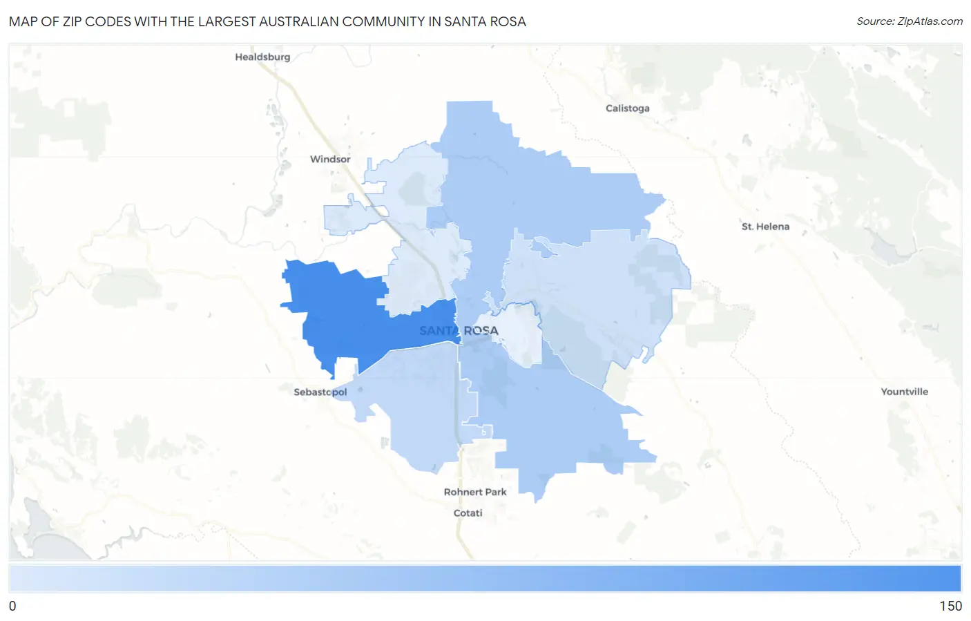 Zip Codes with the Largest Australian Community in Santa Rosa Map