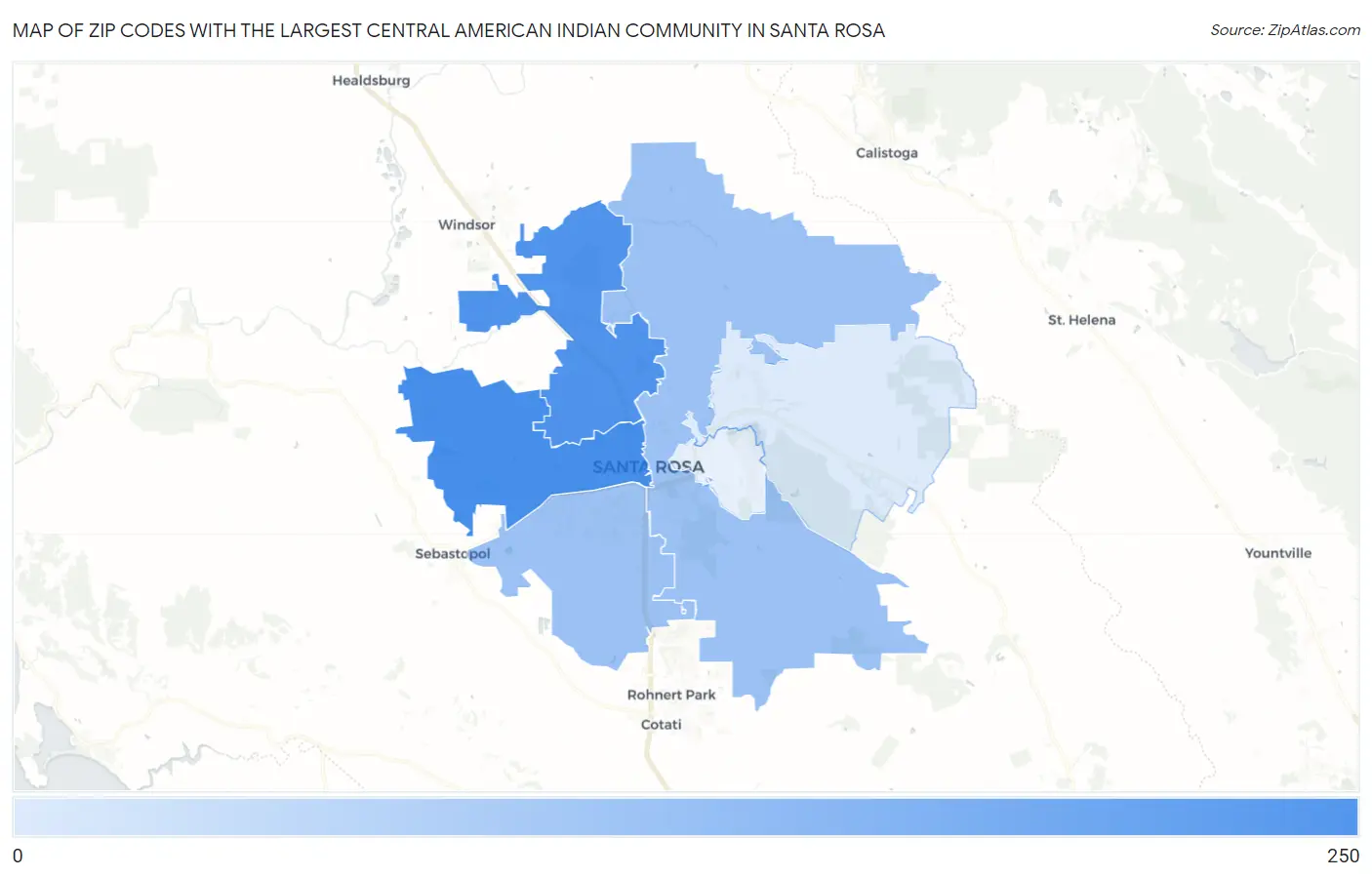 Zip Codes with the Largest Central American Indian Community in Santa Rosa Map