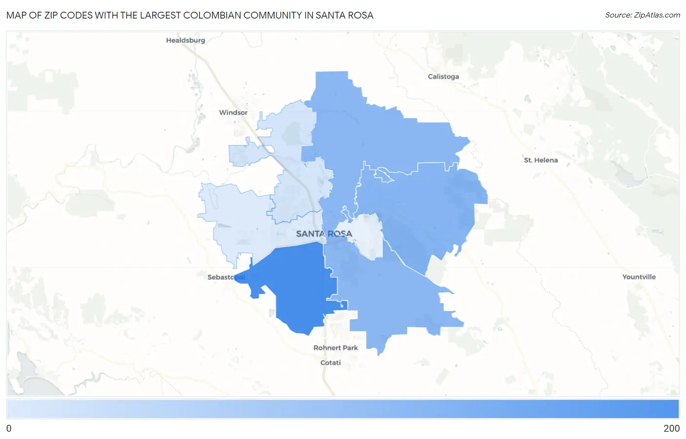 Zip Codes with the Largest Colombian Community in Santa Rosa Map