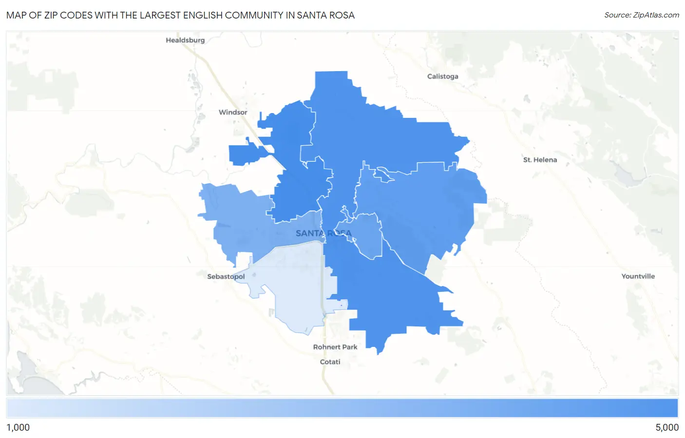 Zip Codes with the Largest English Community in Santa Rosa Map