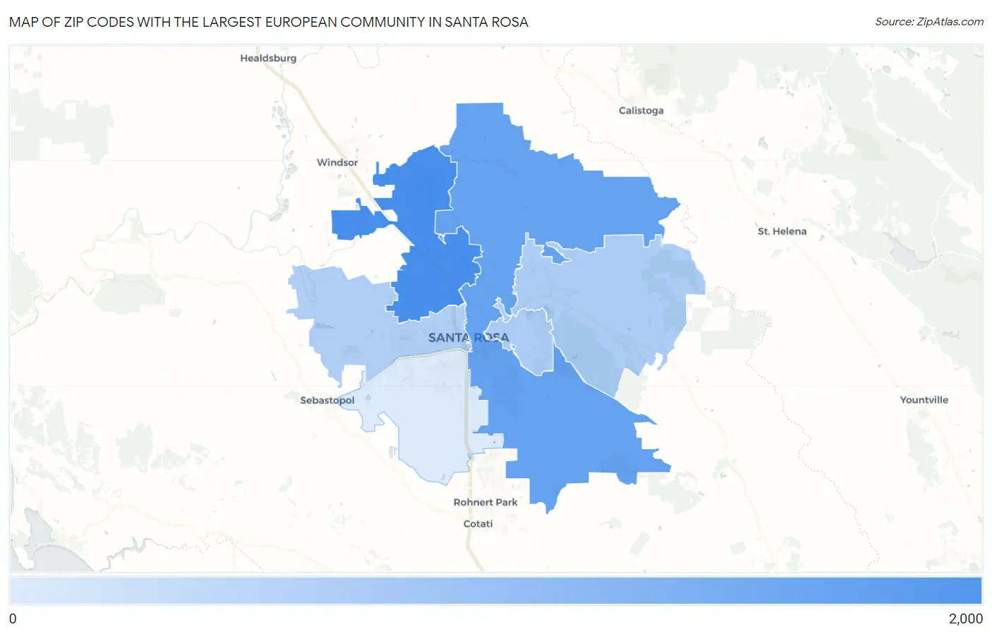 Zip Codes with the Largest European Community in Santa Rosa Map