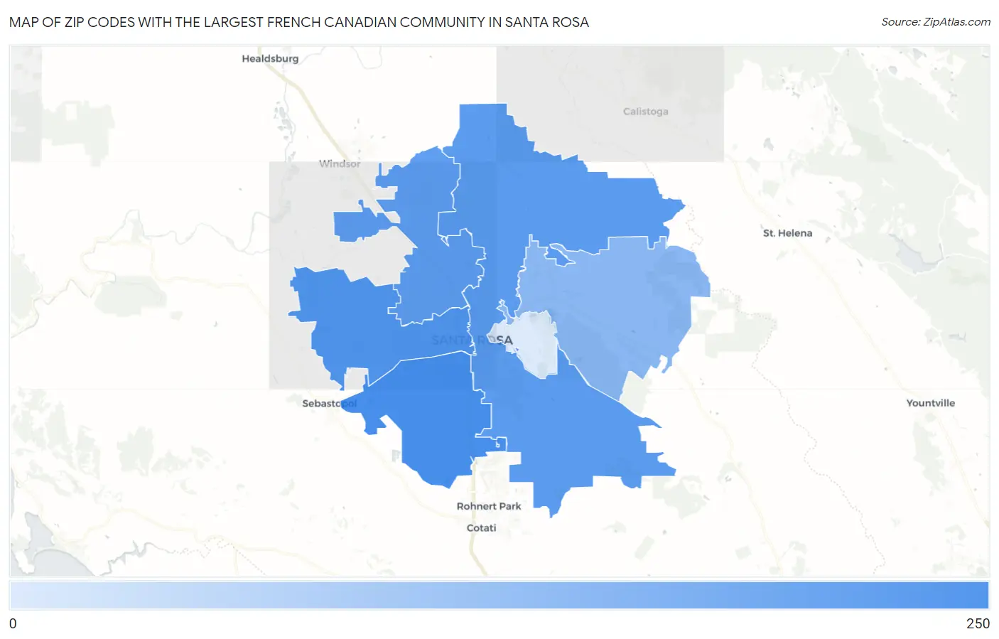 Zip Codes with the Largest French Canadian Community in Santa Rosa Map