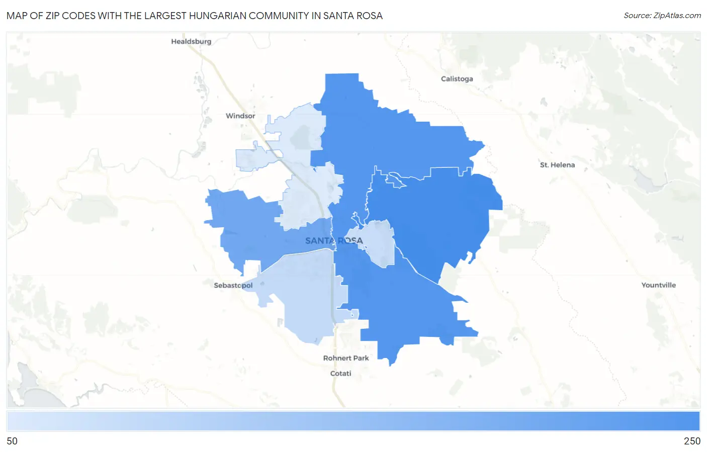 Zip Codes with the Largest Hungarian Community in Santa Rosa Map