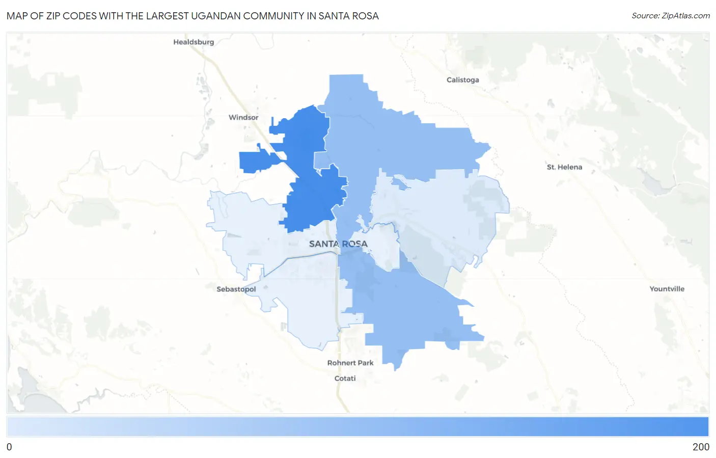 Zip Codes with the Largest Ugandan Community in Santa Rosa Map