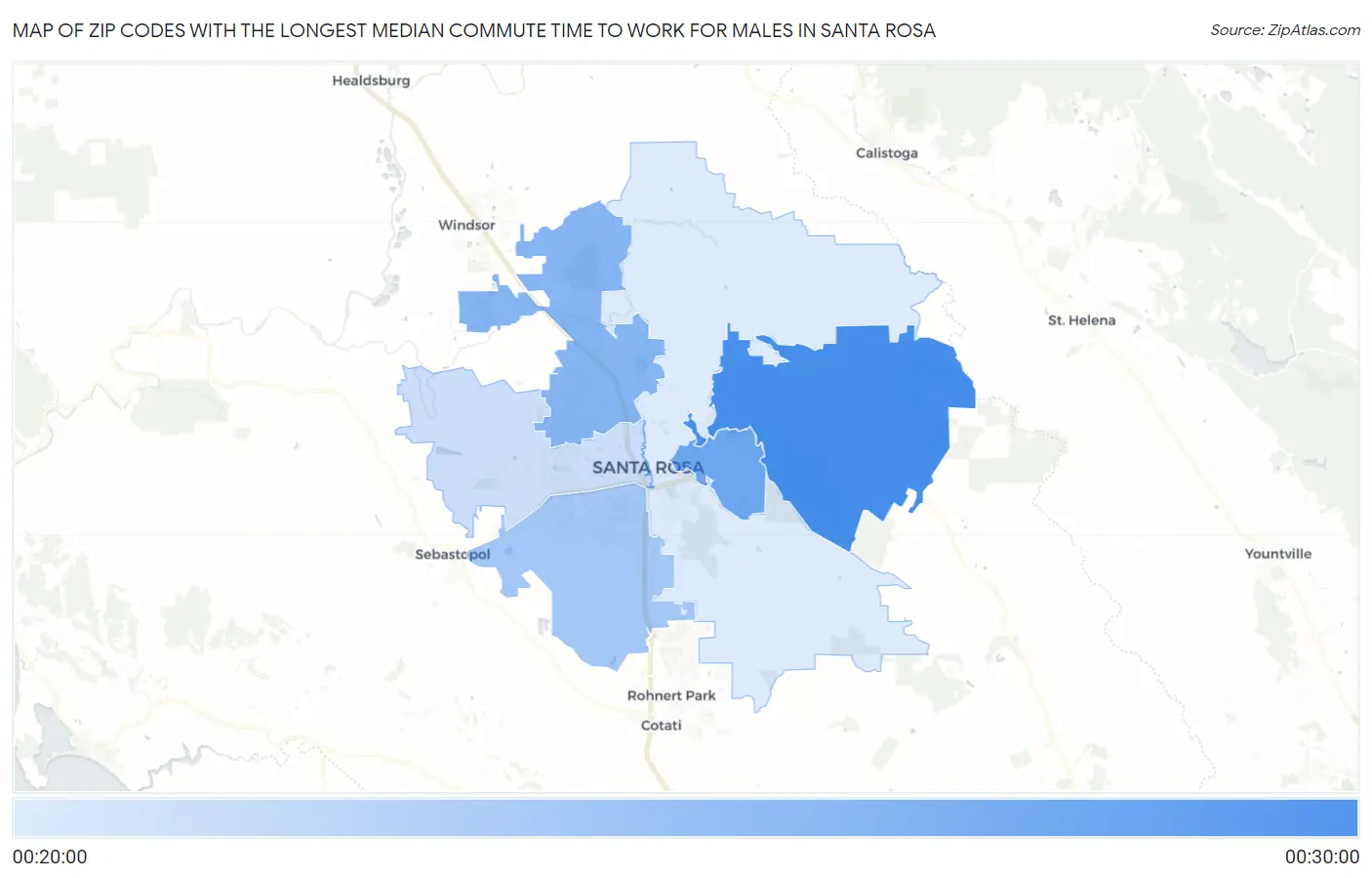 Zip Codes with the Longest Median Commute Time to Work for Males in Santa Rosa Map