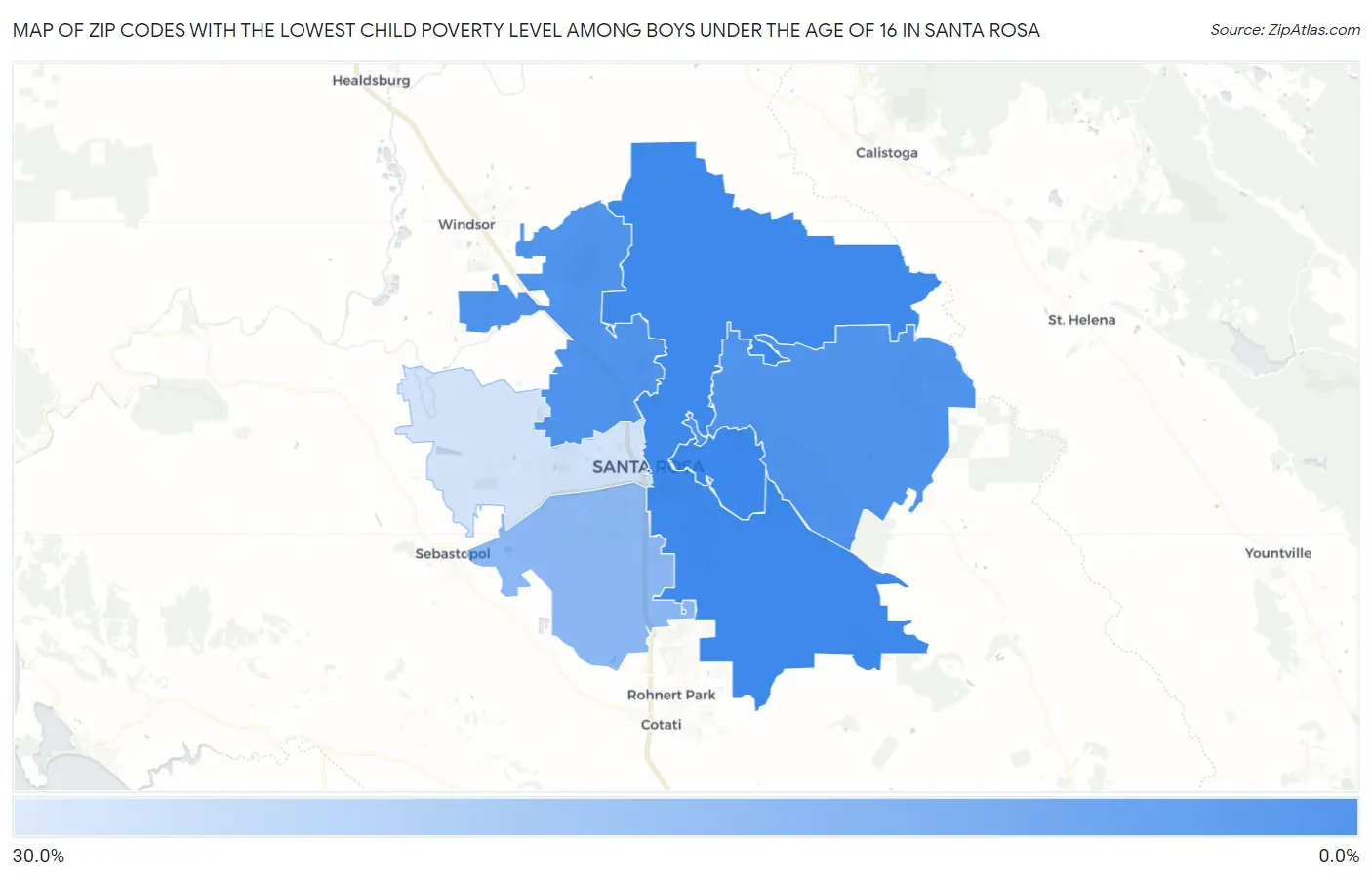 Zip Codes with the Lowest Child Poverty Level Among Boys Under the Age of 16 in Santa Rosa Map