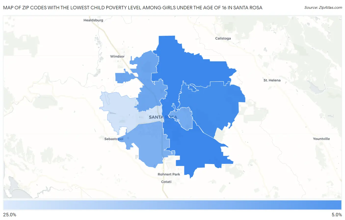 Zip Codes with the Lowest Child Poverty Level Among Girls Under the Age of 16 in Santa Rosa Map