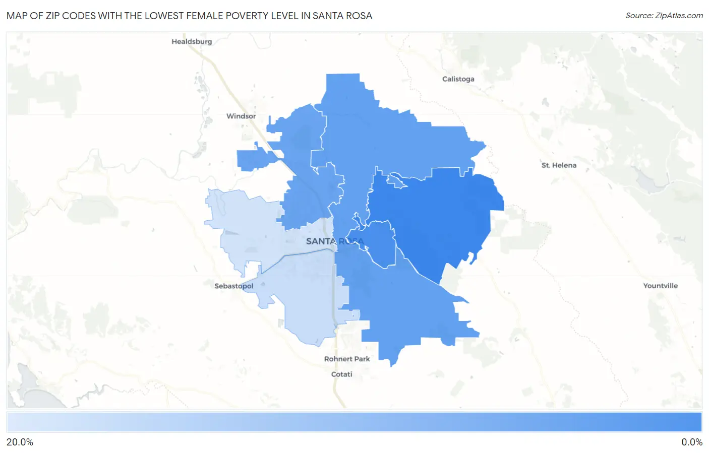 Zip Codes with the Lowest Female Poverty Level in Santa Rosa Map