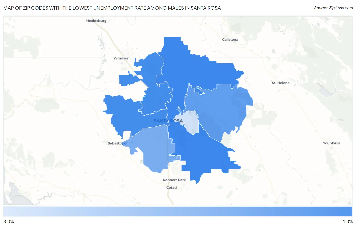 Zip Codes with the Lowest Unemployment Rate Among Males in Santa Rosa Map