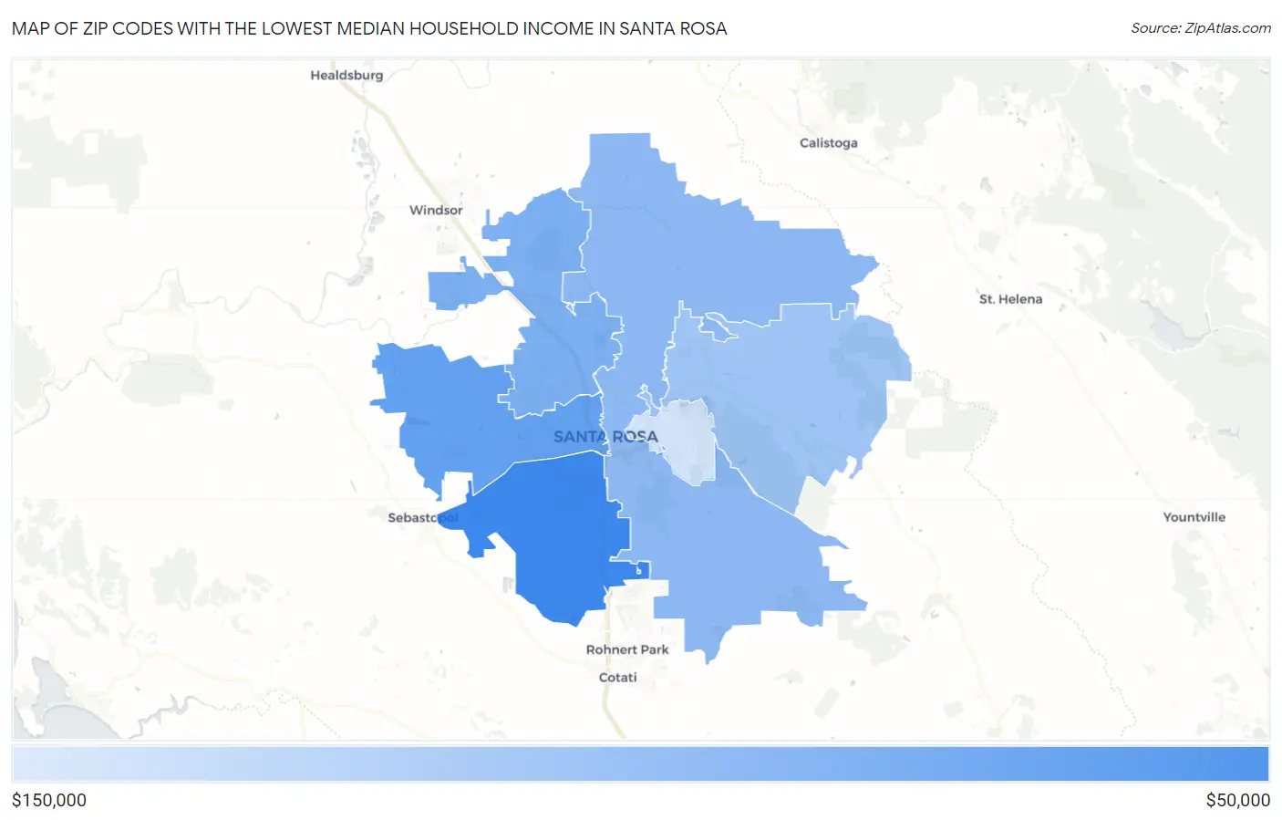 Zip Codes with the Lowest Median Household Income in Santa Rosa Map