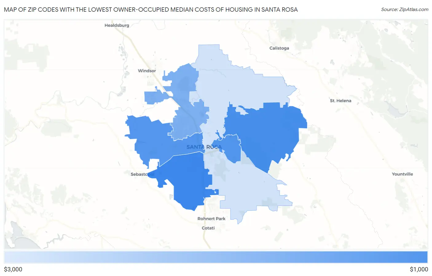 Zip Codes with the Lowest Owner-Occupied Median Costs of Housing in Santa Rosa Map