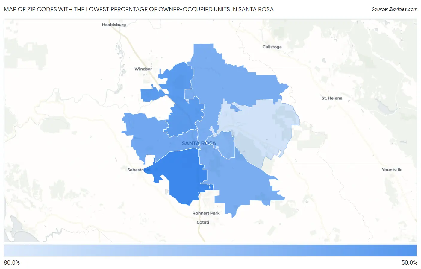 Zip Codes with the Lowest Percentage of Owner-Occupied Units in Santa Rosa Map