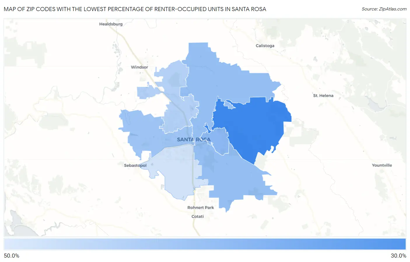 Zip Codes with the Lowest Percentage of Renter-Occupied Units in Santa Rosa Map