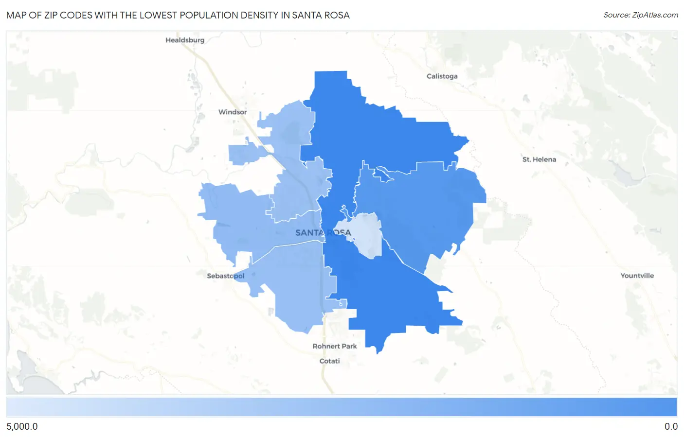 Zip Codes with the Lowest Population Density in Santa Rosa Map