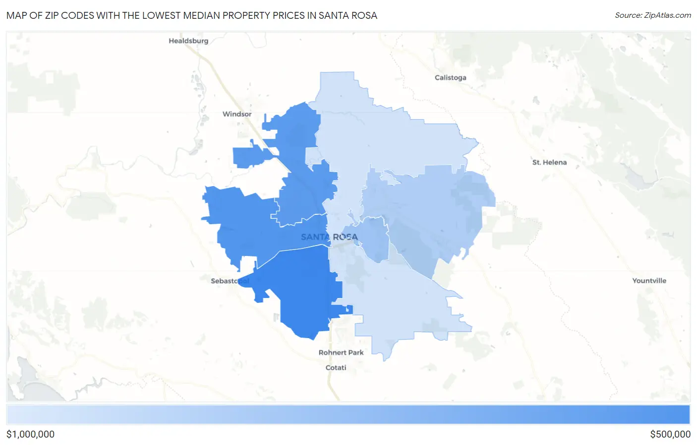 Zip Codes with the Lowest Median Property Prices in Santa Rosa Map